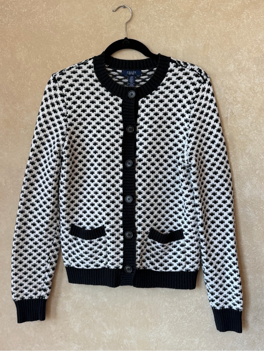 Chaps Black/White Houndstooth Knit Button Front Cardigan Sweater Pockets
